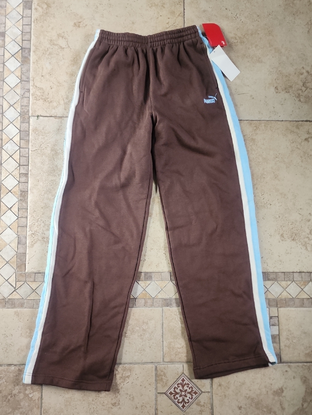 Puma Brown Kids Joggers with Light Blue & White Side Stripes